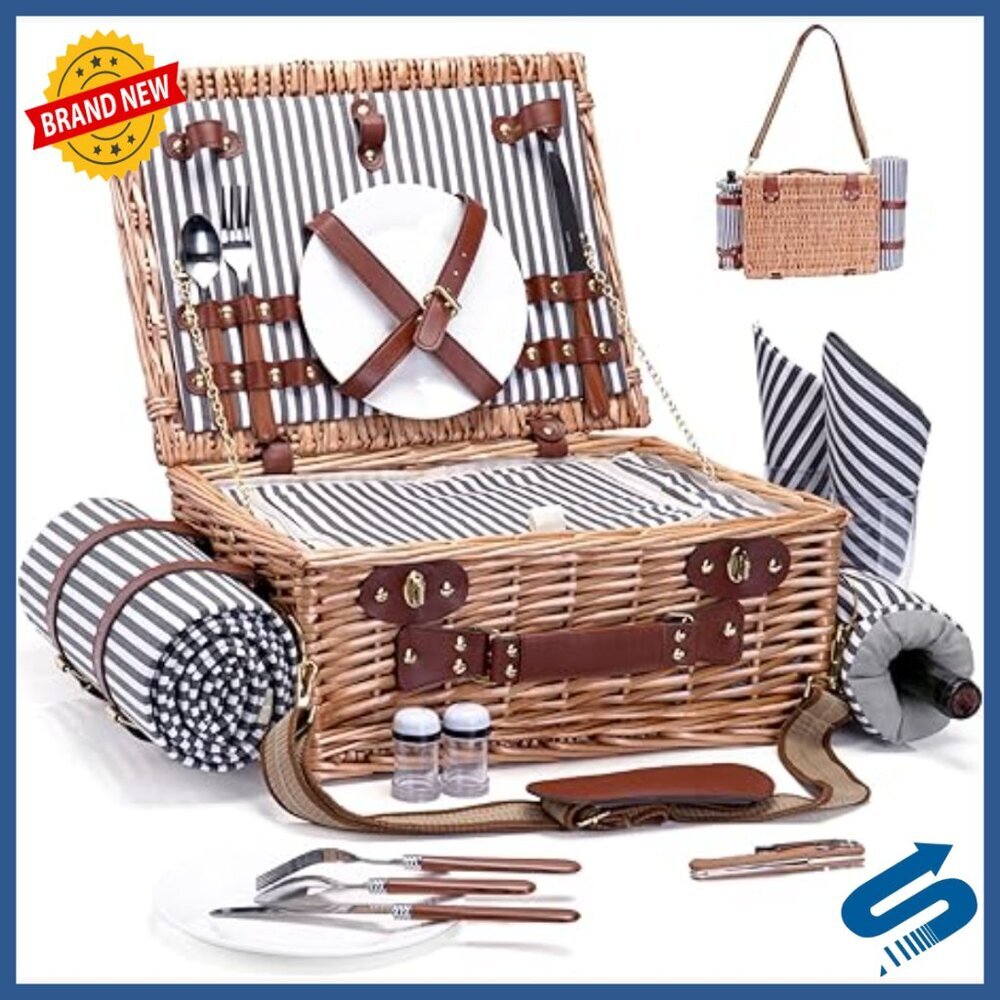 Wicker Picnic Basket Set for 2 with Insulated Liner Blanket Wine Pouch